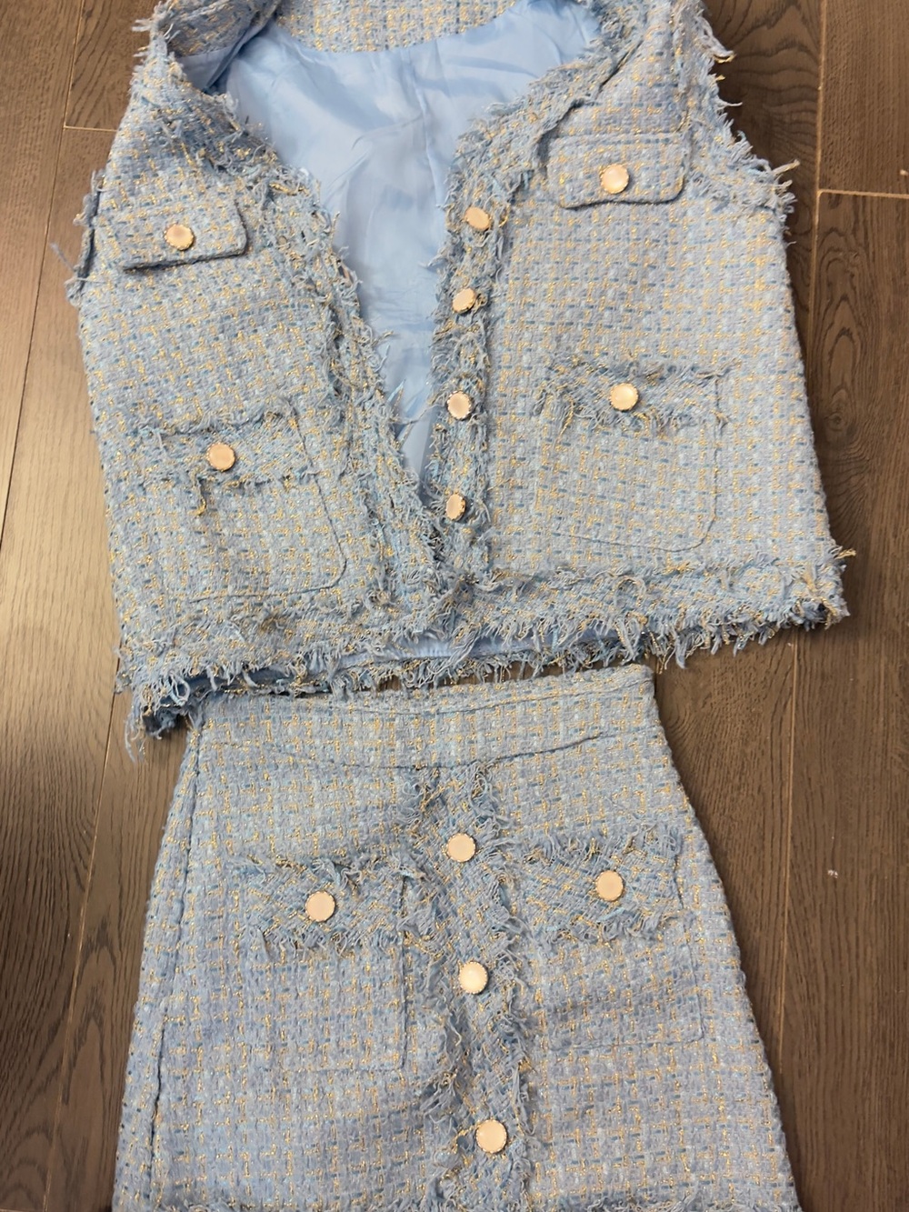 Light Blue Tweed Mini Skirt with Gold-Tone Buttons
